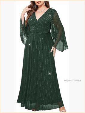 Plus Size Sparkly V-Neck A-Line Formal Wrap Dress with Butterfly Sleeves